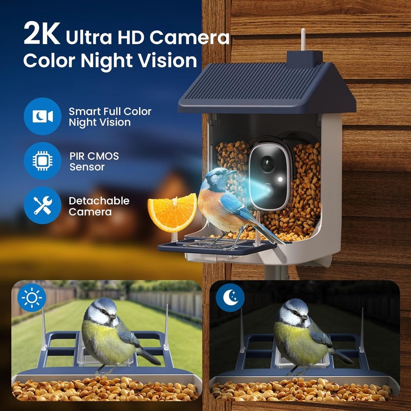 ACCULENZ Smart Bird Feeder with Camera, 1.8L Solar Powered Bird Feeders for Outdoors, 2K AI Identify 10,000+ Birds Species, Birds Feeder Camera IP65 Instant Notification, Ideal Gift for Avian Lovers - Image 4